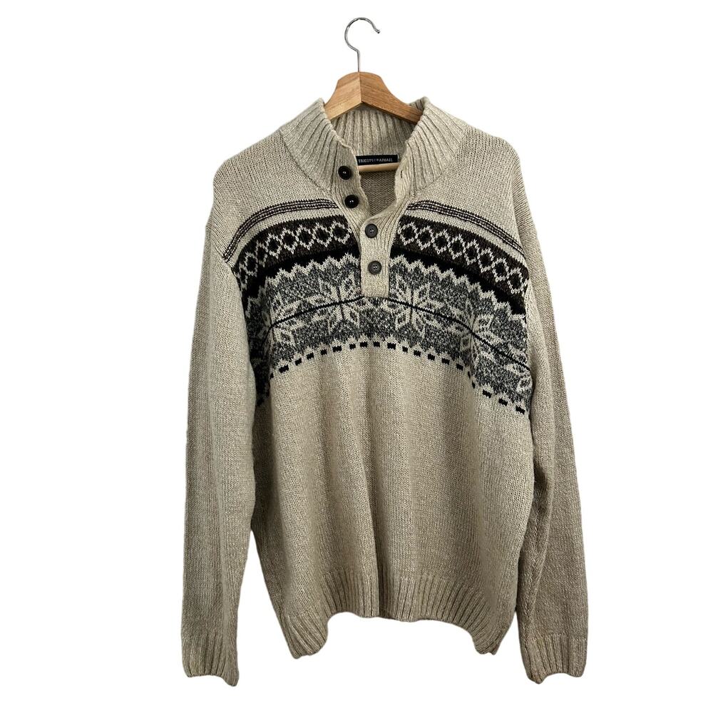 Tricots St Raphael Men's Tan Brown Wool Fair Isle Sweater Size XXL